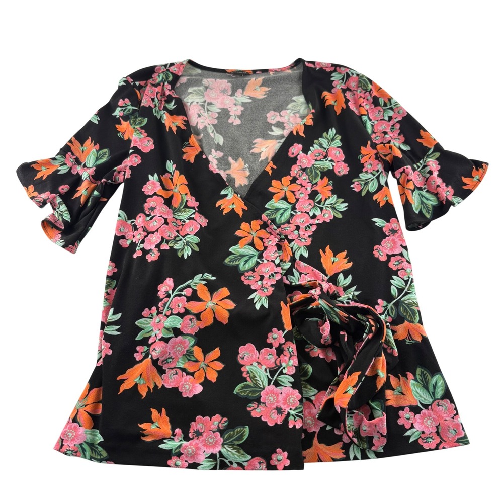 Ann Taylor Floral Wrap Top Black Pink Orange Flutter Sleeve V-Neck Blouse Size M